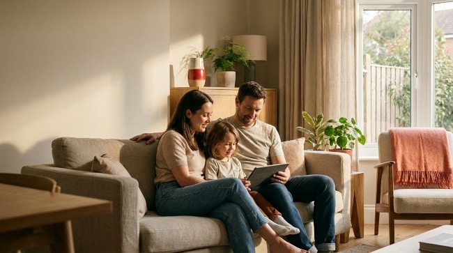 Familia revisando su póliza de seguros en casa
