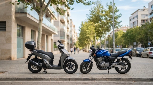 Ciclomotor y moto aparcados juntos en una calle de ciudad, mostrando la diferencia entre ambos vehículos de dos ruedas