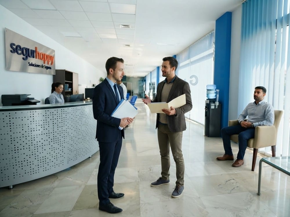 asesoramiento entre un corredor de seguros y un cliente en las oficinas de SegurHappy