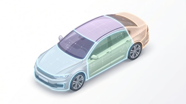 Diagrama técnico de un coche visto desde una perspectiva lateral y superior, dividido en 5 áreas coloreadas (frontal, trasera, techo y costados) para explicar la aplicación de la franquicia