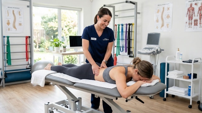 Fisioterapeuta realizando tratamiento manual a paciente en una clínica moderna, representando la importancia de la protección profesional y la seguridad en el trabajo sanitario