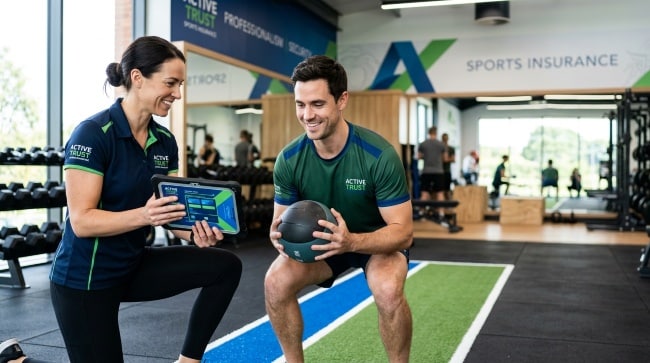 Entrenador personal realizando una sesión de entrenamiento con una clienta mientras trabaja protegido con un seguro de responsabilidad civil profesional.