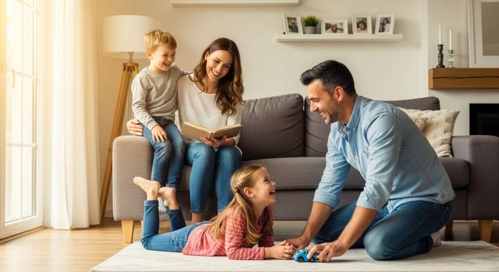 Familia en vivienda alquilada disfrutando en casa con protección de seguro de hogar
