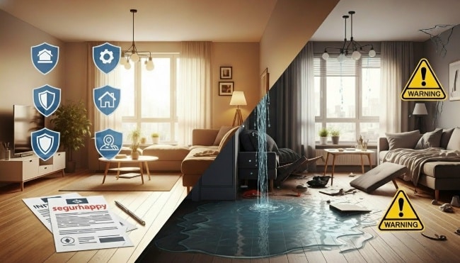 Imagen de un apartamento dividido en dos: un lado protegido con seguro y el otro con daños, mostrando qué cubre y qué no cubre el seguro de hogar en viviendas alquiladas.