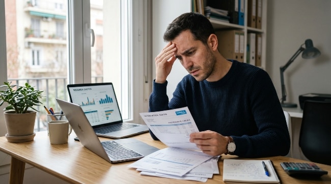 Autónomo trabajando en su oficina preocupado por una posible baja laboral y la pérdida de ingresos económicos
