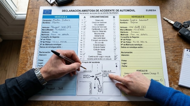 Primer plano de las casillas de circunstancias y el apartado del croquis en un parte de accidente español.