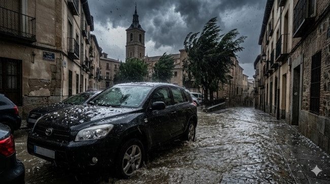 Coche negro estacionado en Toledo, España, sufriendo daños visibles por granizo en el capó y rodeado por una inundación en la calle durante una fuerte tormenta.