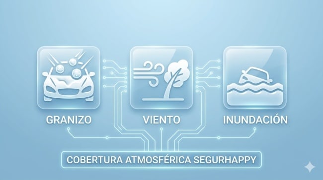 Infografía técnica que muestra tres iconos: un capó de coche abollado por granizo, un árbol doblado por viento fuerte y un coche sumergido por inundación, resumiendo las coberturas climáticas del seguro de Segurhappy.