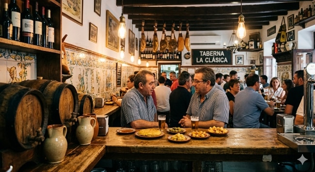 Fotografía candidata del interior bullicioso de una taberna española tradicional, con clientes disfrutando de tapas y cañas en una barra rústica de madera bajo jamones colgantes y azulejos antiguos, ilustrando la protección de negocios hosteleros con historia.