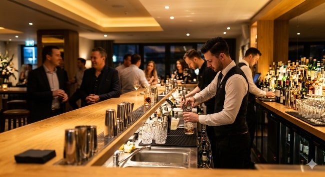 Vista amplia de un bar moderno con iluminación cálida, clientes sonrientes y un camarero preparando una bebida, simbolizando la seguridad y profesionalismo de un negocio protegido.