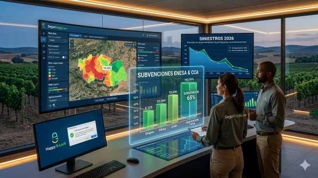 Interior de un centro de control agrícola de SegurHappy donde expertos analizan gráficos de riesgo climático y subvenciones de ENESA en pantallas avanzadas, con el viñedo de Toledo visible al fondo. Representa optimización y asesoramiento experto.