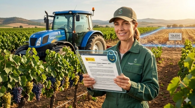 Agricultora profesional sonríe revisando el Plan de Seguros Agrarios en su tableta, rodeada de viñedos sanos y un tractor azul de SegurHappy en Toledo, España. Representa protección y experiencia en agroseguro.