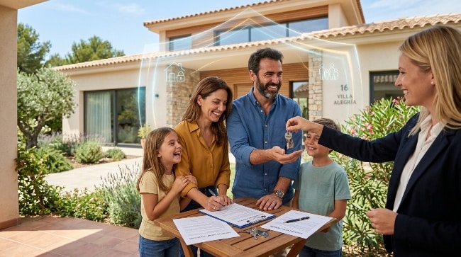 Pareja revisando documentación de una hipoteca y seguro de hogar frente a una vivienda protegida en España.