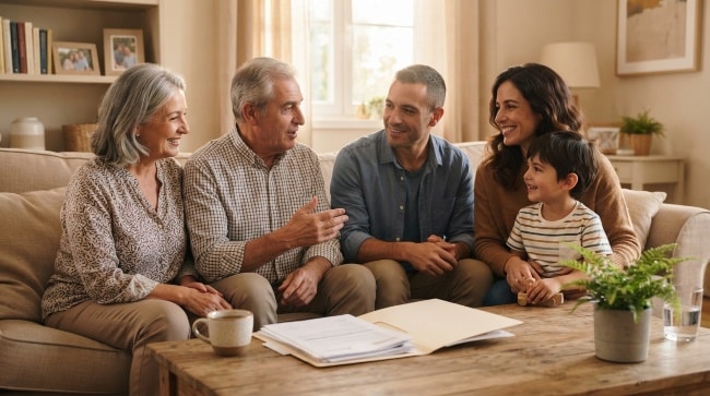 Familia de tres generaciones hablando con tranquilidad en casa sobre su seguro de decesos