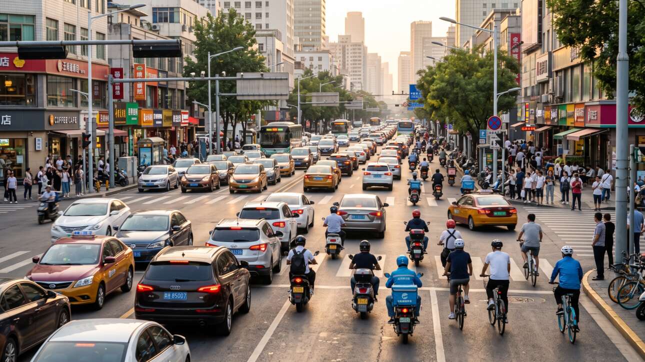 Calle de ciudad con coches, motos y bicicletas circulando juntos bajo las nuevas normas DGT de octubre de 2026