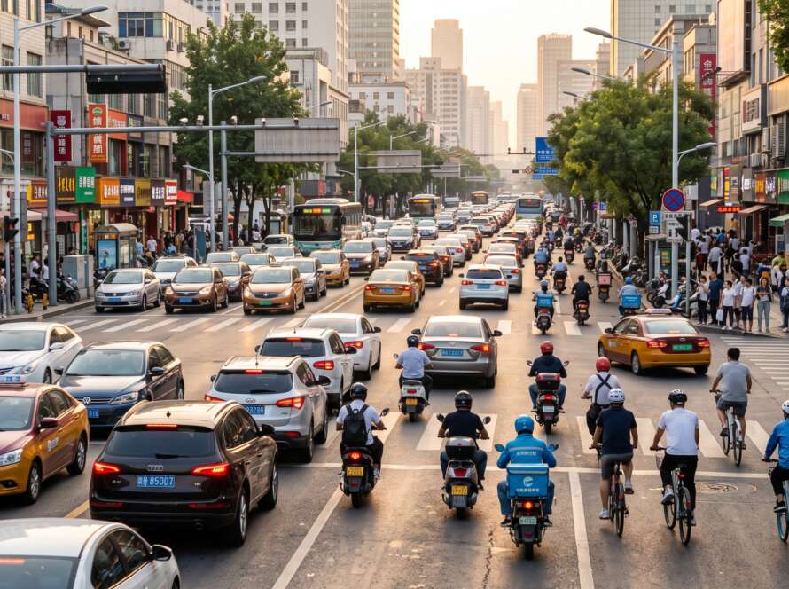 Calle de ciudad con coches, motos y bicicletas circulando juntos bajo las nuevas normas DGT de octubre de 2026