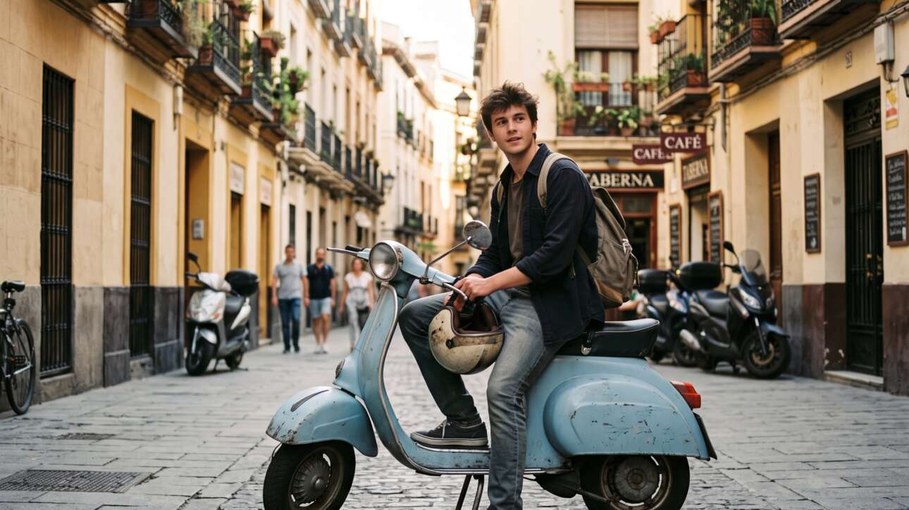 Joven con casco junto a su ciclomotor, que necesita un seguro de ciclomotor para menores