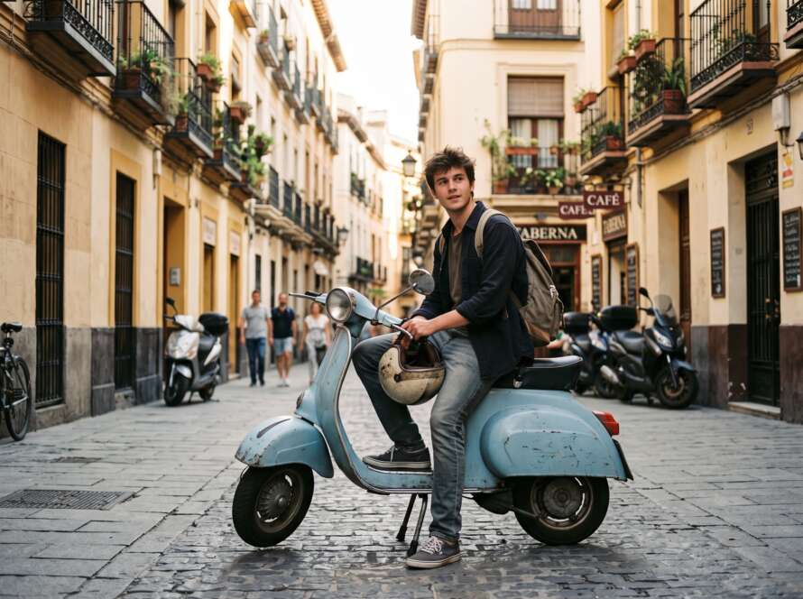Joven con casco junto a su ciclomotor, que necesita un seguro de ciclomotor para menores